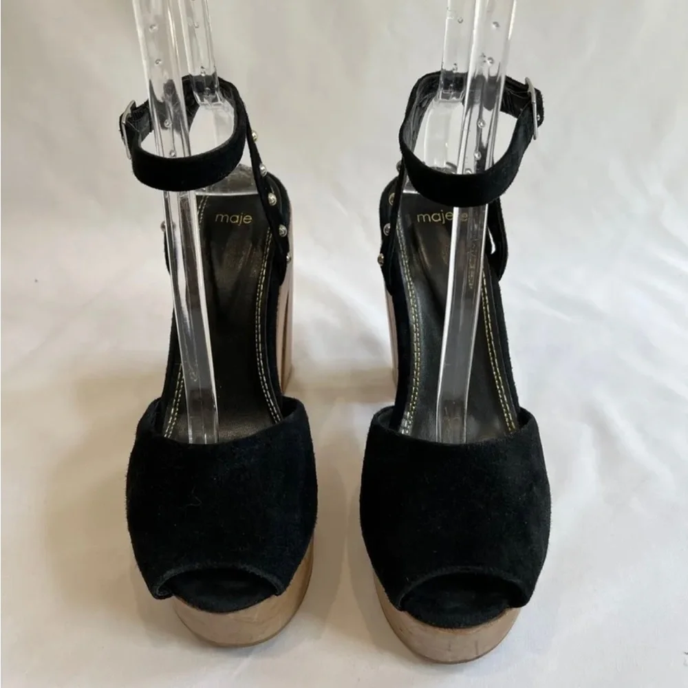 Maje Black Suede High Heels Women's EU 40 US 9‎ Open Toe Platform Block Studded